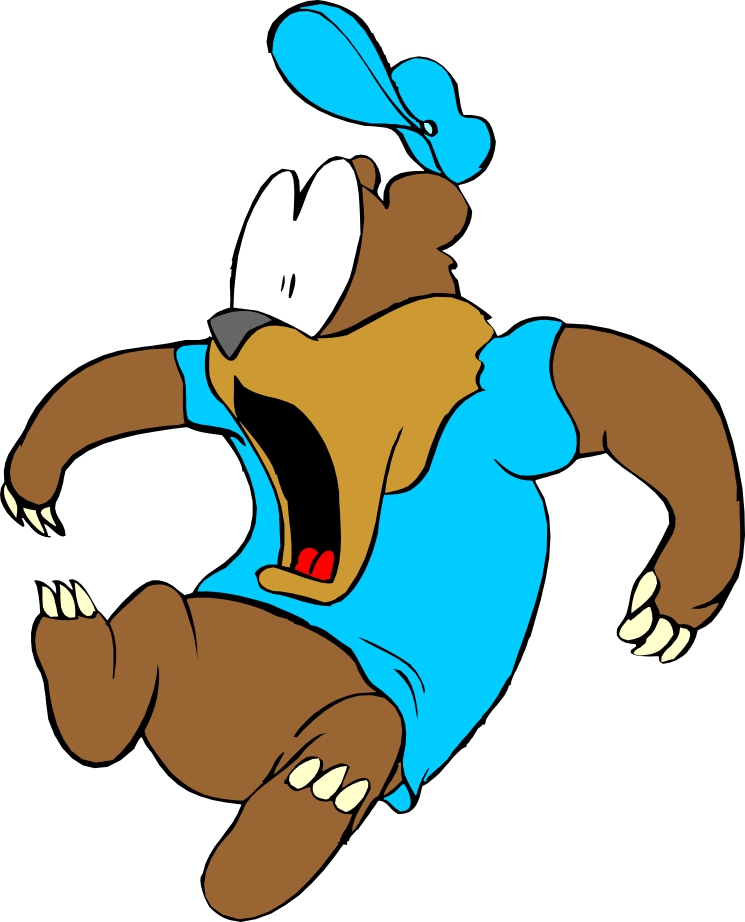 A cartoon brown bear in a blue shirt and cap, mid-fall with mouth wide open and arms outstretched.