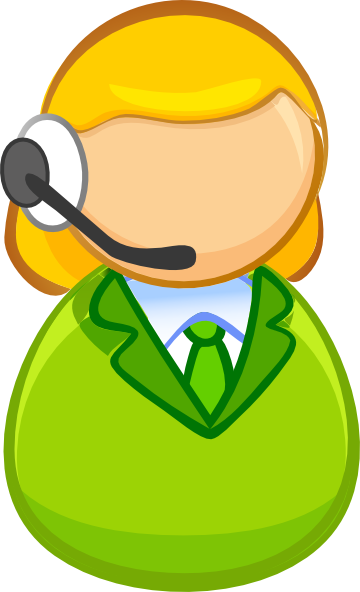 Cartoon-style customer support agent with headset, green suit, and yellow hair.