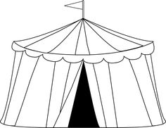 Black-and-white line drawing of a classic striped circus tent with a pointed top and entrance flap.