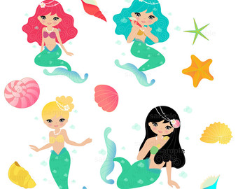 Four colorful cartoon mermaids with seashells, starfish, and bubbles on white background.