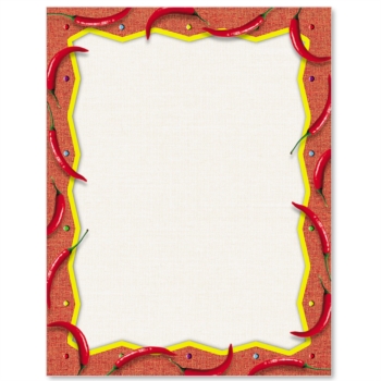 Decorative border with red chili peppers and yellow zigzag trim on textured orange background, framing blank white space.
