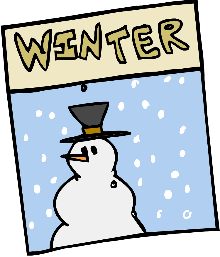 A cartoon snowman wearing a top hat stands in falling snow beneath a banner reading "WINTER".