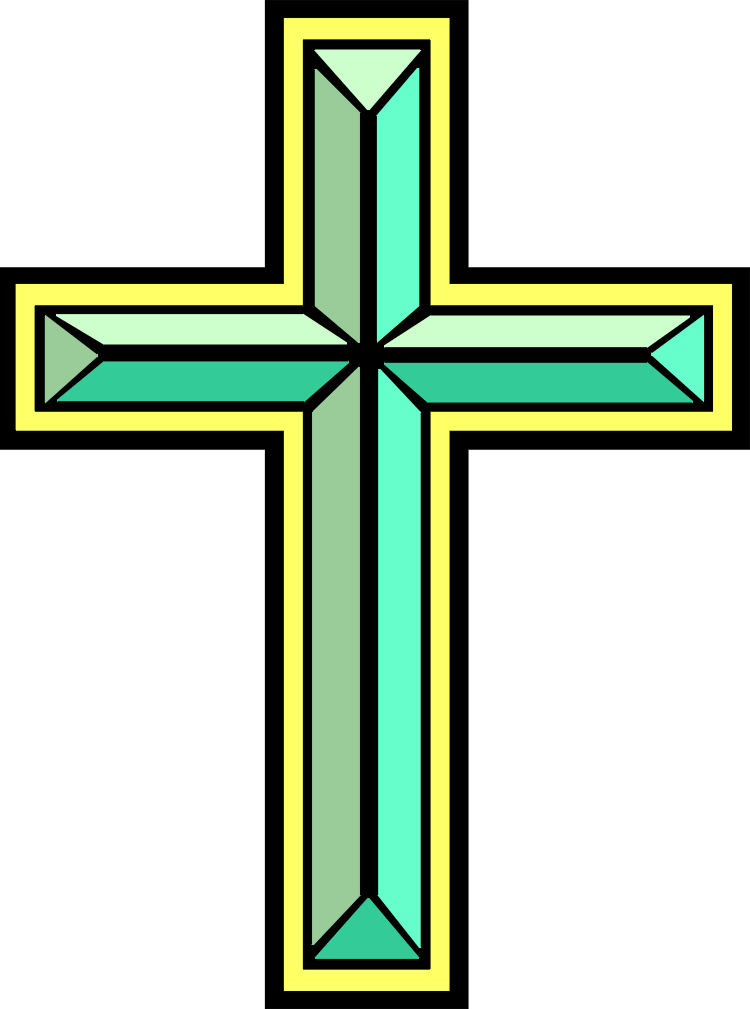 Stylized Christian cross with layered green, teal, and yellow borders and black outlines.