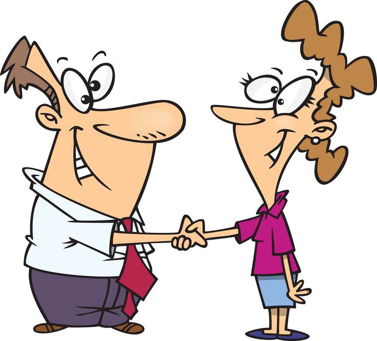 Cartoon man and woman shaking hands with cheerful expressions, symbolizing agreement or partnership.
