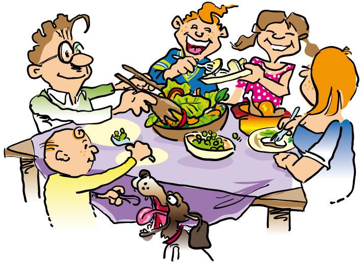 A cheerful cartoon family of five sharing a meal at a dining table with salad, vegetables, and a playful dog under the table.