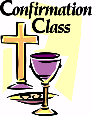 Confirmation Class illustration with golden cross, purple chalice, and communion bread on yellow background.