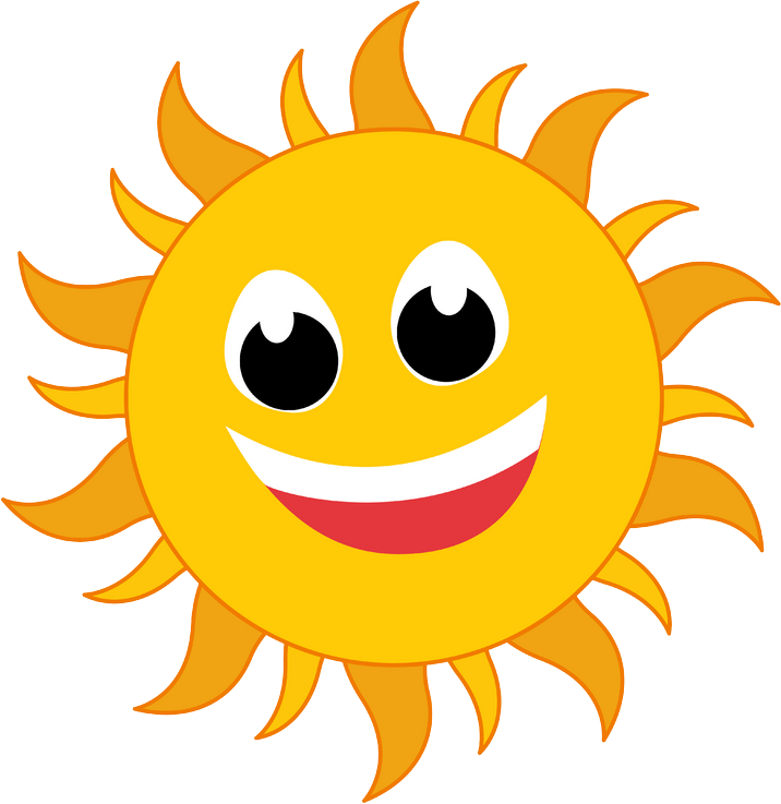 Cheerful cartoon sun with smiling face, big eyes, and bright orange-yellow rays.