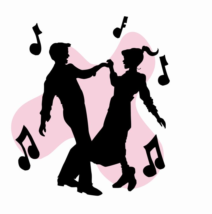 Silhouette of a man and woman dancing joyfully with musical notes floating around them against a soft pink background.