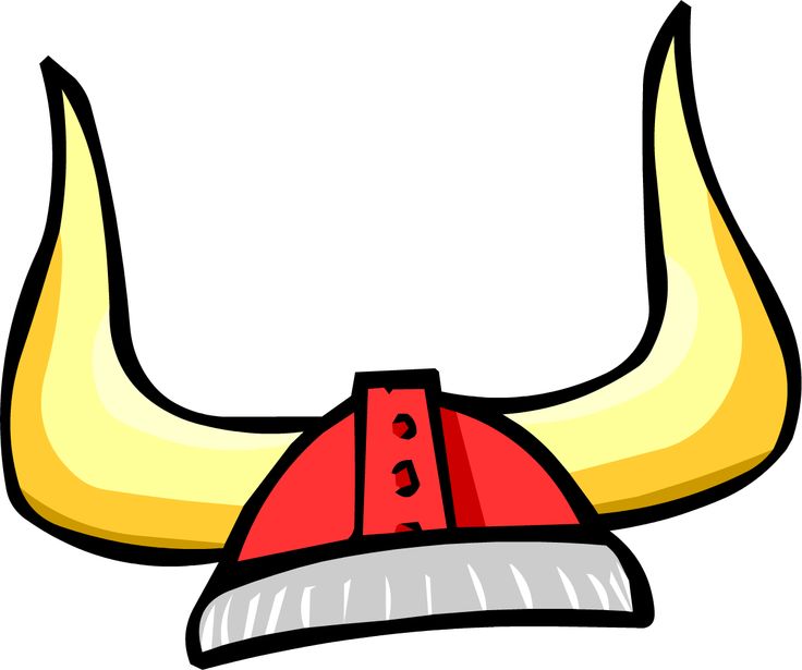 Cartoon Viking helmet with yellow horns, red dome, and gray brim on white background.