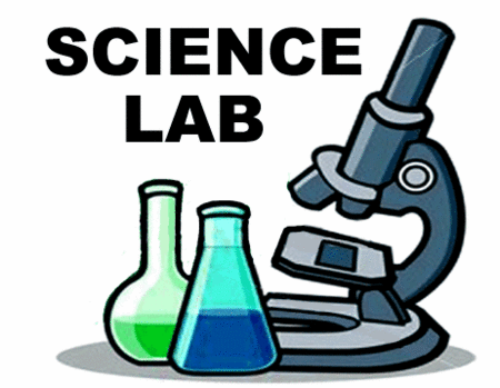 Science lab illustration featuring a microscope, green and blue liquid in flasks, and bold "SCIENCE LAB" text.
