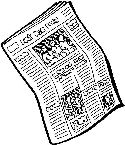 Hand-drawn newspaper illustration with multiple articles and line-art figures in conversation and activity scenes.