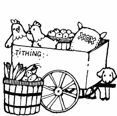 A cartoon-style farm cart labeled "TITHING" filled with chickens, apples, corn, and a sack marked "XOX", pulled by a dog.