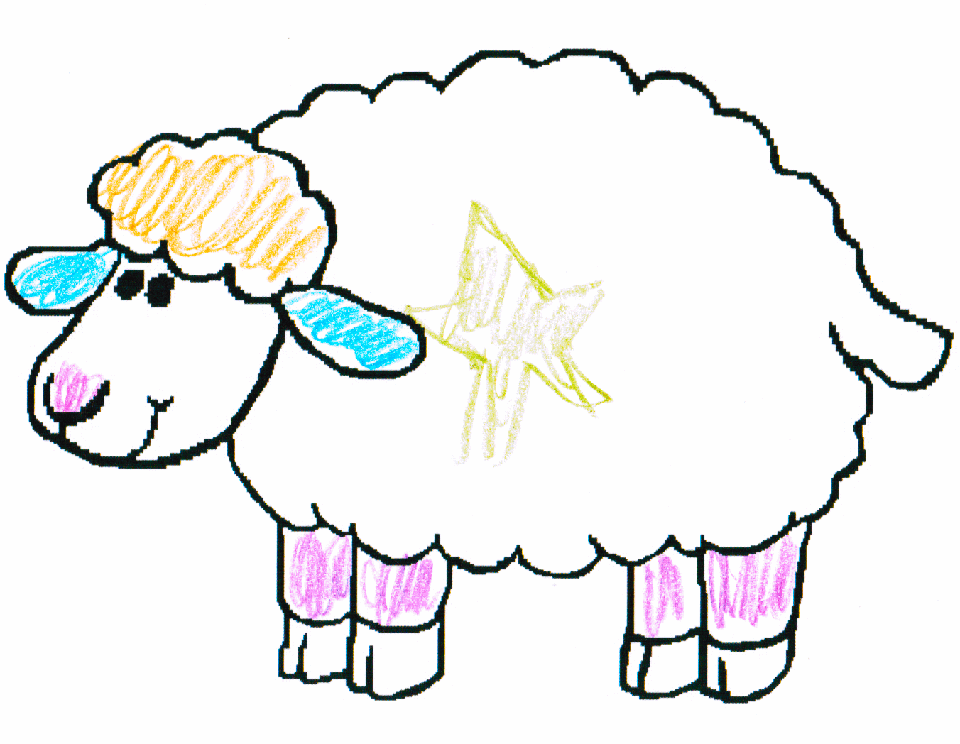 Colorful child-drawn sheep with blue ears, pink legs, yellow wool tuft, and star on side.