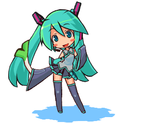 Chibi-style turquoise-haired anime girl with twin ponytails, futuristic outfit, and sword, standing in a puddle.