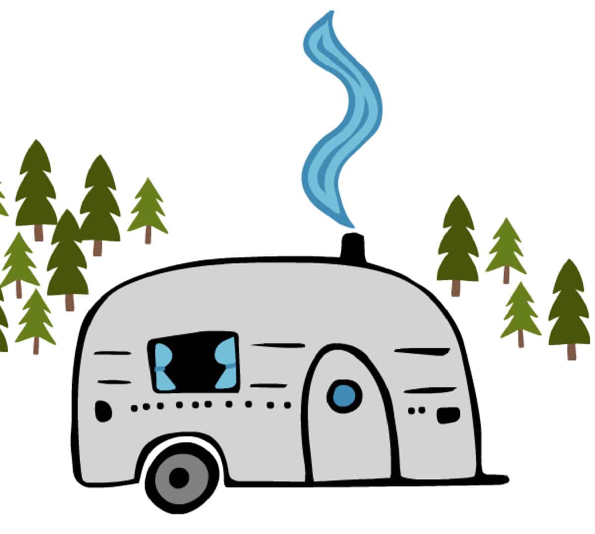A cozy silver vintage trailer parked among pine trees with blue smoke curling from its chimney.