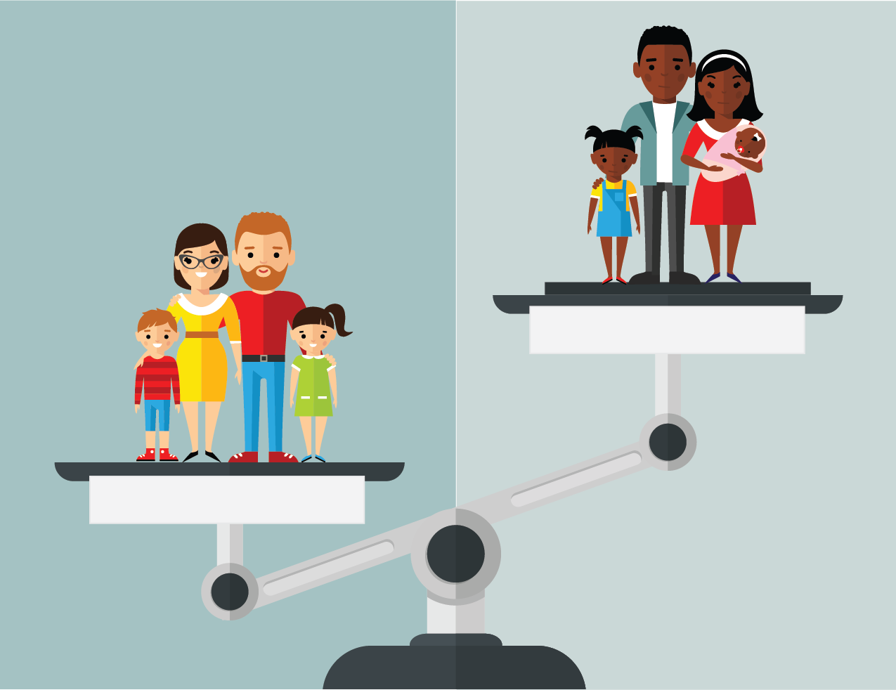 Two diverse families on opposite sides of a balance scale, symbolizing equity and inclusion in family policy or social support systems.