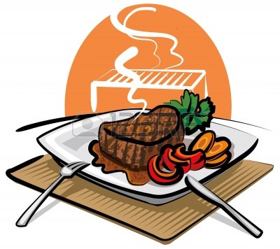 Grilled steak with roasted vegetables on a white plate, served with cutlery on a wooden board, steam rising from a grill in the background.