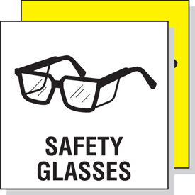 Black line-art illustration of safety glasses with bold text "SAFETY GLASSES" on white background, yellow border.