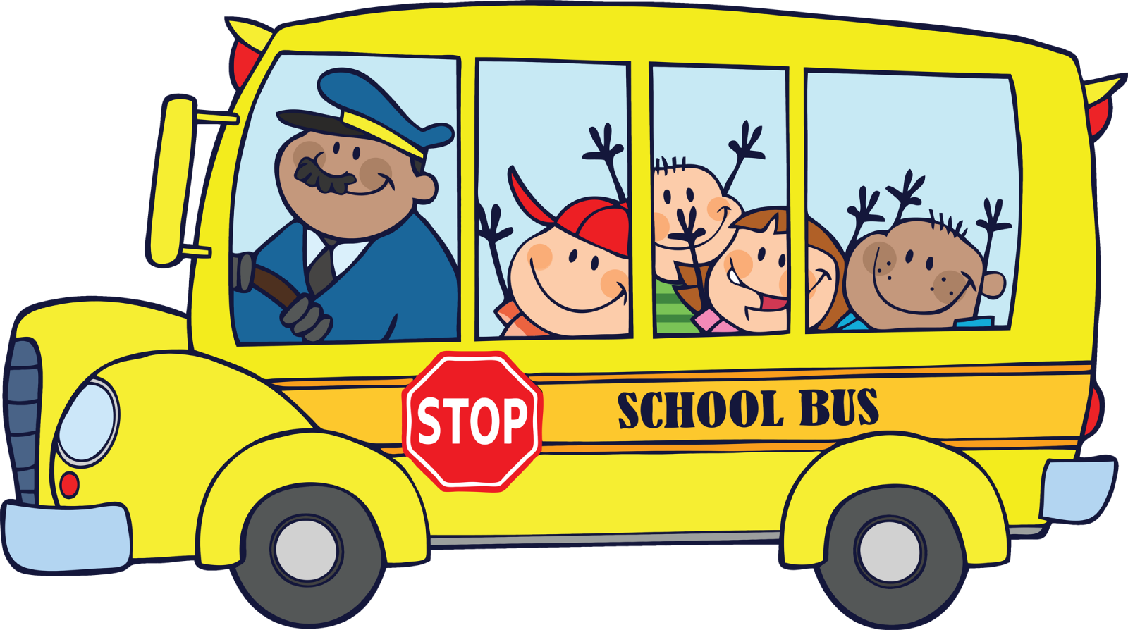 Cheerful cartoon school bus with driver and smiling children waving from windows, red stop sign on side.