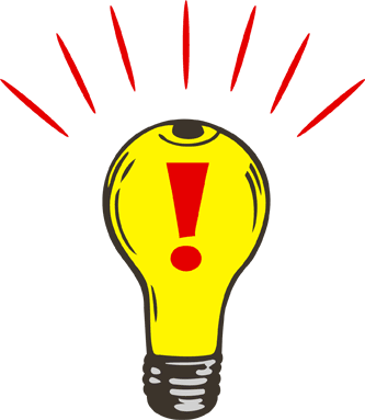 Yellow lightbulb with red exclamation mark and radiating lines, symbolizing warning or urgent idea.