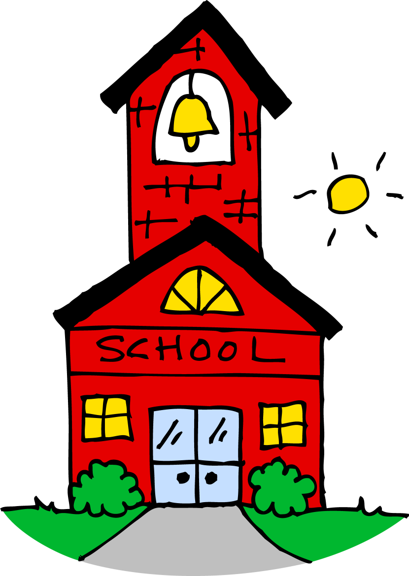 Red cartoon school building with bell tower, yellow windows, and moon in night sky.