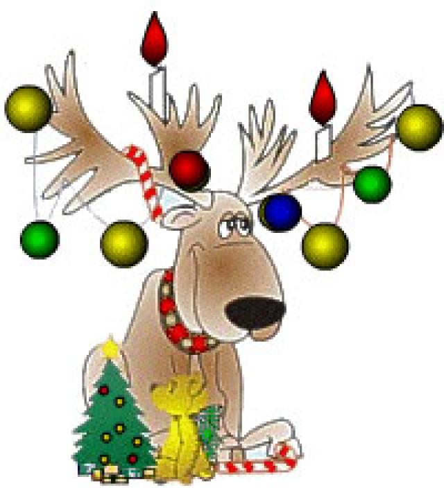 Festive cartoon reindeer with Christmas ornaments, candles, and a tiny tree.