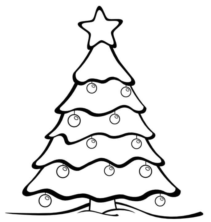 Black-and-white line drawing of a decorated Christmas tree with star topper and round ornaments.