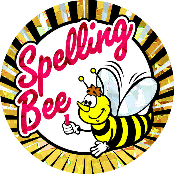 Cheerful cartoon bee holding a pencil next to "Spelling Bee" text in pink script, set against a golden sunburst background.
