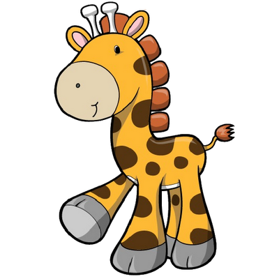 Cute cartoon giraffe with orange spots, smiling face, and ossicones on black background.