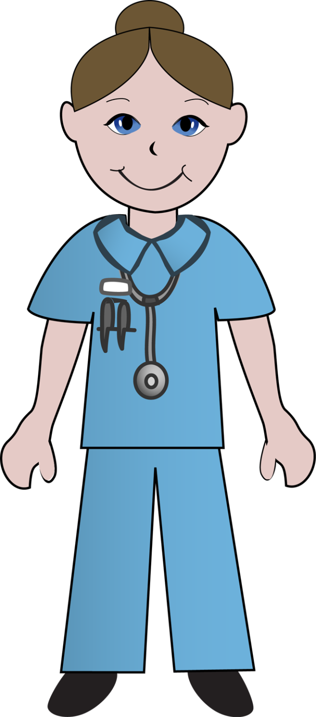 Smiling cartoon nurse in blue scrubs with stethoscope around neck, brown hair in bun.