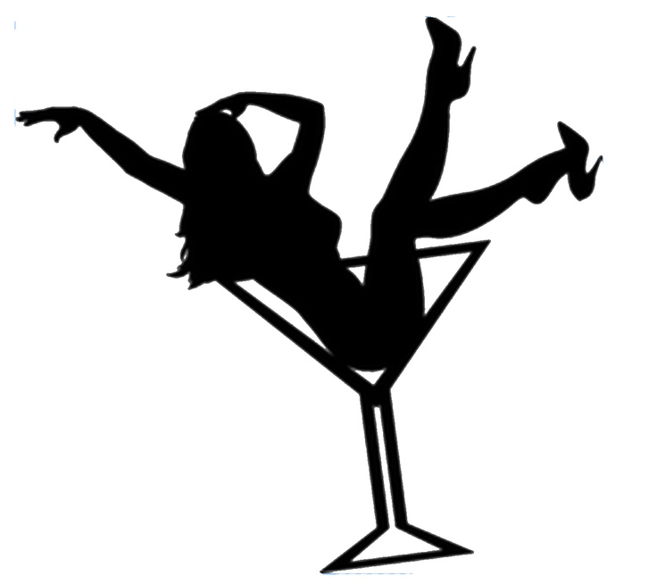 Silhouette of a woman lounging playfully inside a martini glass, legs kicked up, one arm raised.