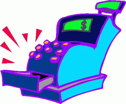 Colorful cartoon cash register with open drawer, green dollar-sign display, and red alert bursts.