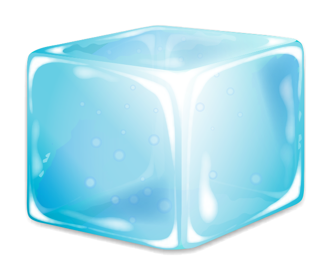 A transparent blue ice cube with visible air bubbles and light refractions, isolated on black background.