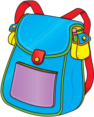 Colorful cartoon-style children's backpack with blue body, red straps, yellow side pockets, and purple front pocket.