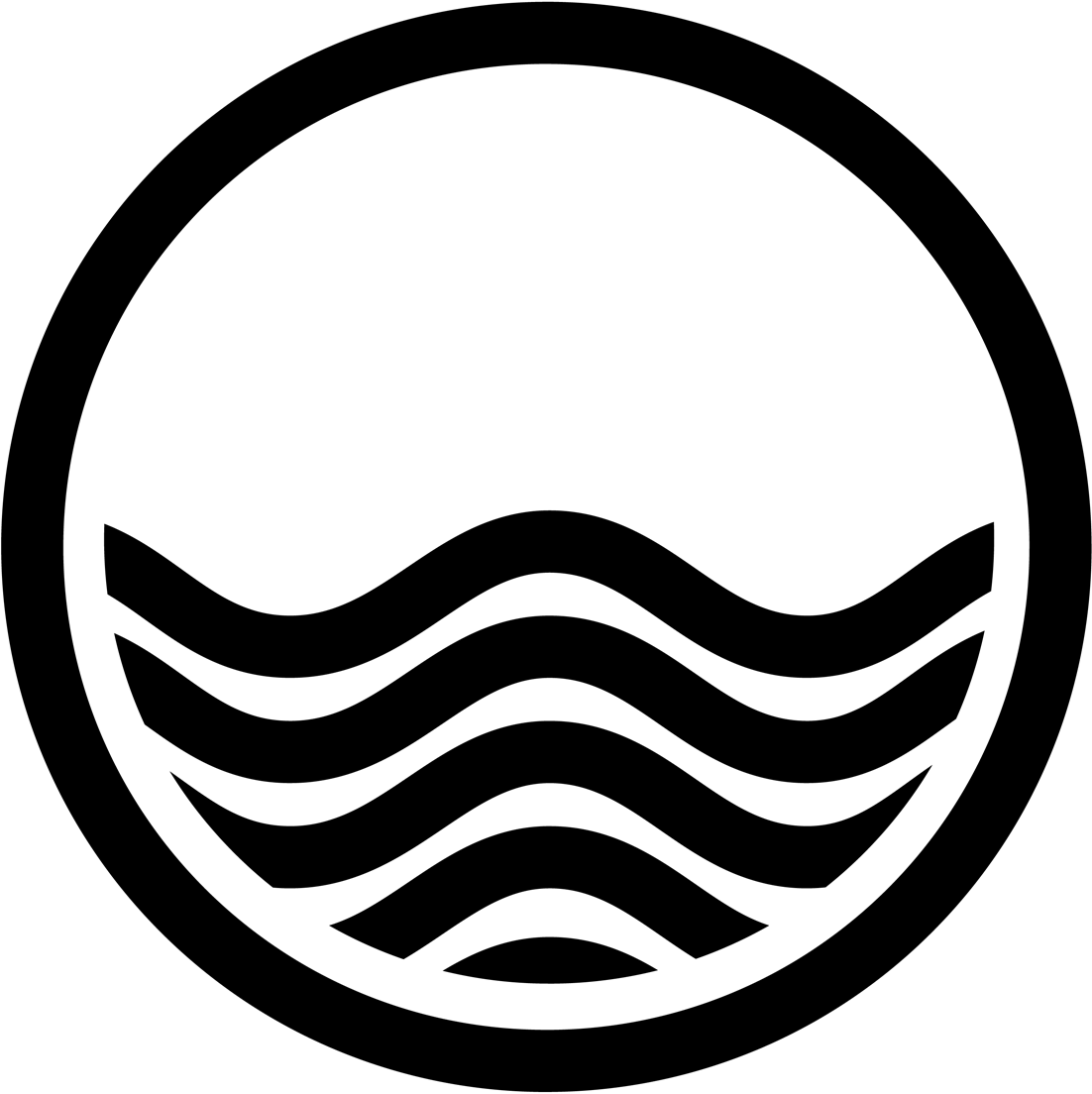 Black circular icon with four wavy horizontal lines representing water or waves inside a bold ring.