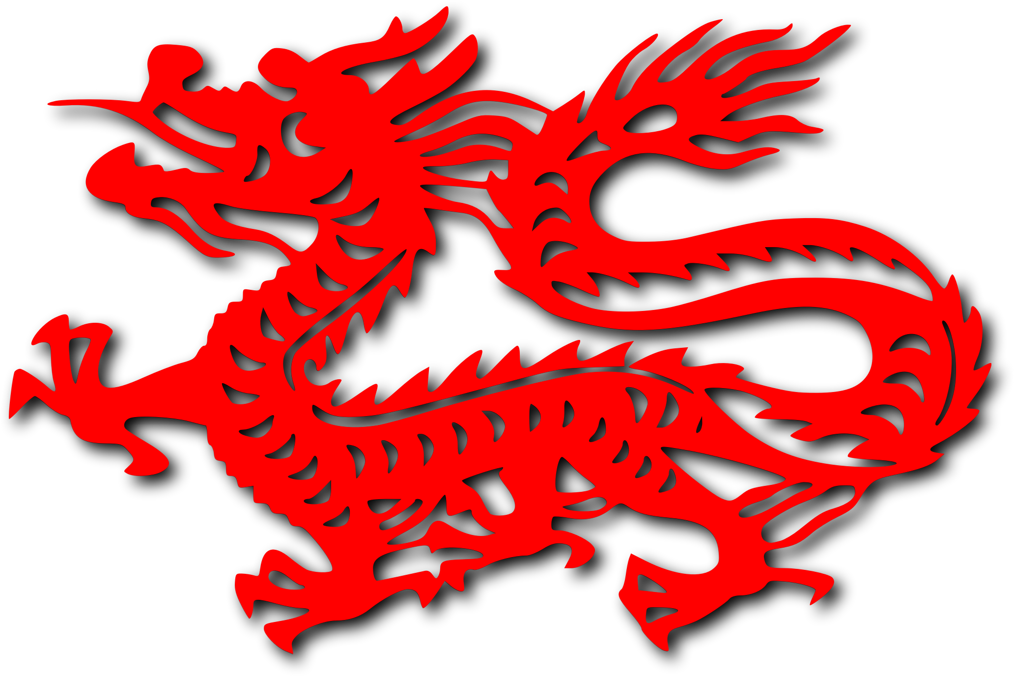 Vibrant red stylized Chinese dragon with flowing mane and scales on black background.