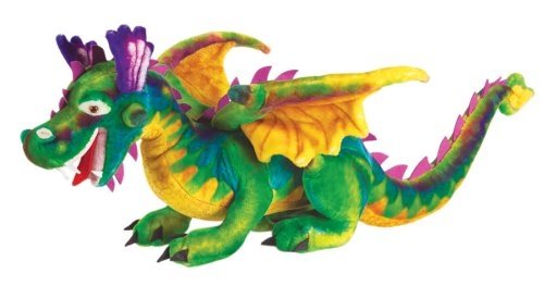 Colorful plush dragon toy with green body, yellow wings, purple spikes, and open mouth showing teeth.