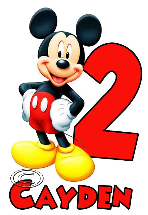 Mickey Mouse smiling beside a large red number 2 and the name "CAYDEN" in bold red letters.