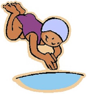 A cartoon-style illustration of a child in a purple swimsuit and blue swim cap diving into a pool.