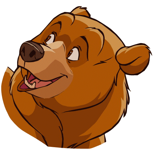 Friendly cartoon brown bear with a cheerful expression and open mouth, looking upward.