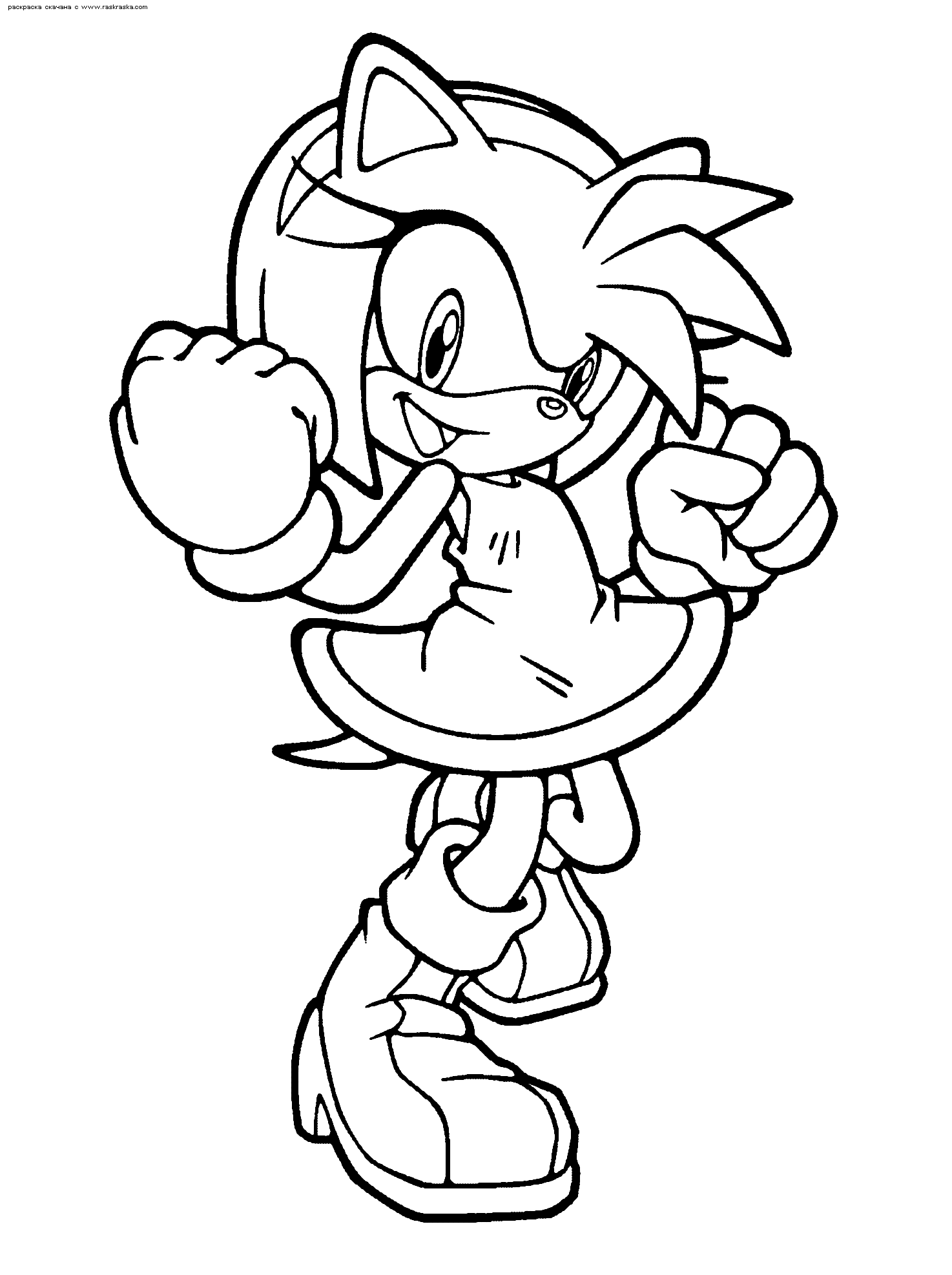 Black-and-white line art of Sonic the Hedgehog in a dynamic running pose, fists raised, smiling confidently.