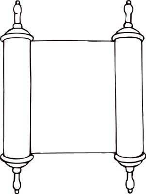 Line drawing of a traditional Torah scroll with wooden rollers and decorative finials.