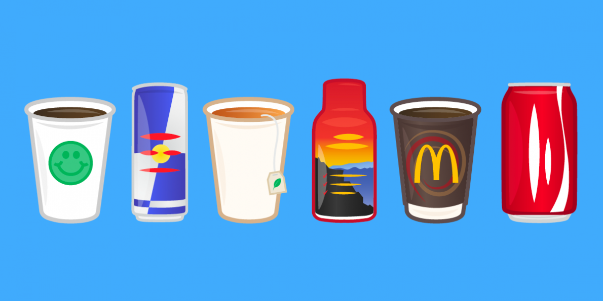 Six illustrated beverage containers: coffee cup, Red Bull can, tea cup, sunset bottle, McDonald’s cup, and Coca-Cola can.