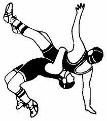 Two wrestlers in dynamic grappling pose-black singlet executing takedown on white singlet opponent.