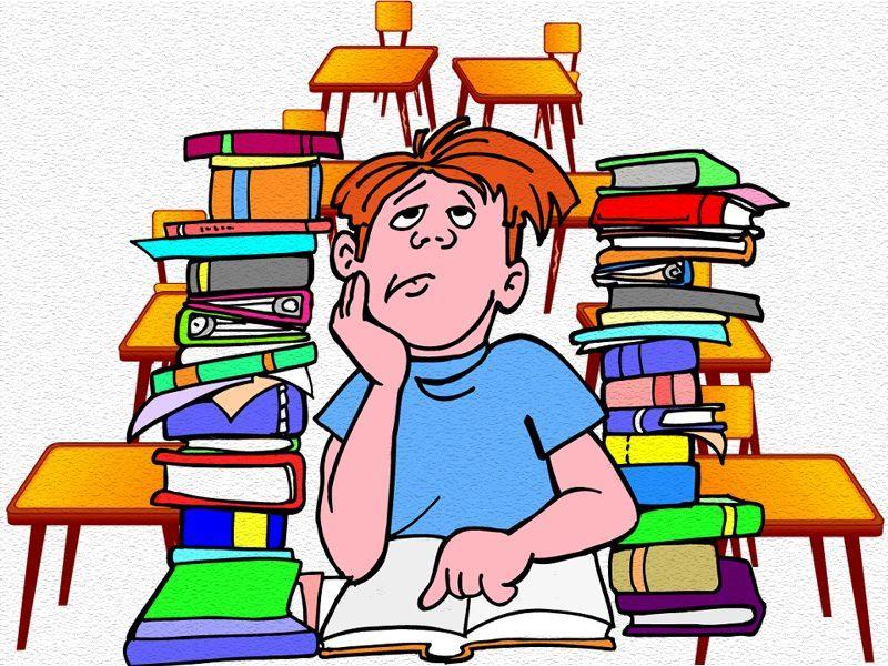 A tired student sits at a desk surrounded by towering stacks of books and school supplies, looking overwhelmed.