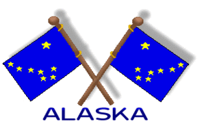 Two crossed Alaska state flags with blue fields, golden stars, and the word "ALASKA" below.