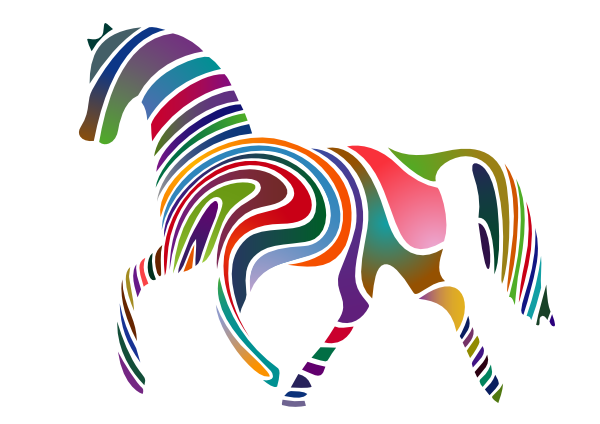 Vibrant multicolored abstract horse in motion, composed of flowing rainbow stripes and swirls on white background.