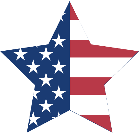 A five-pointed star split vertically: left side blue with white stars, right side red and white stripes-U.S. flag motif.