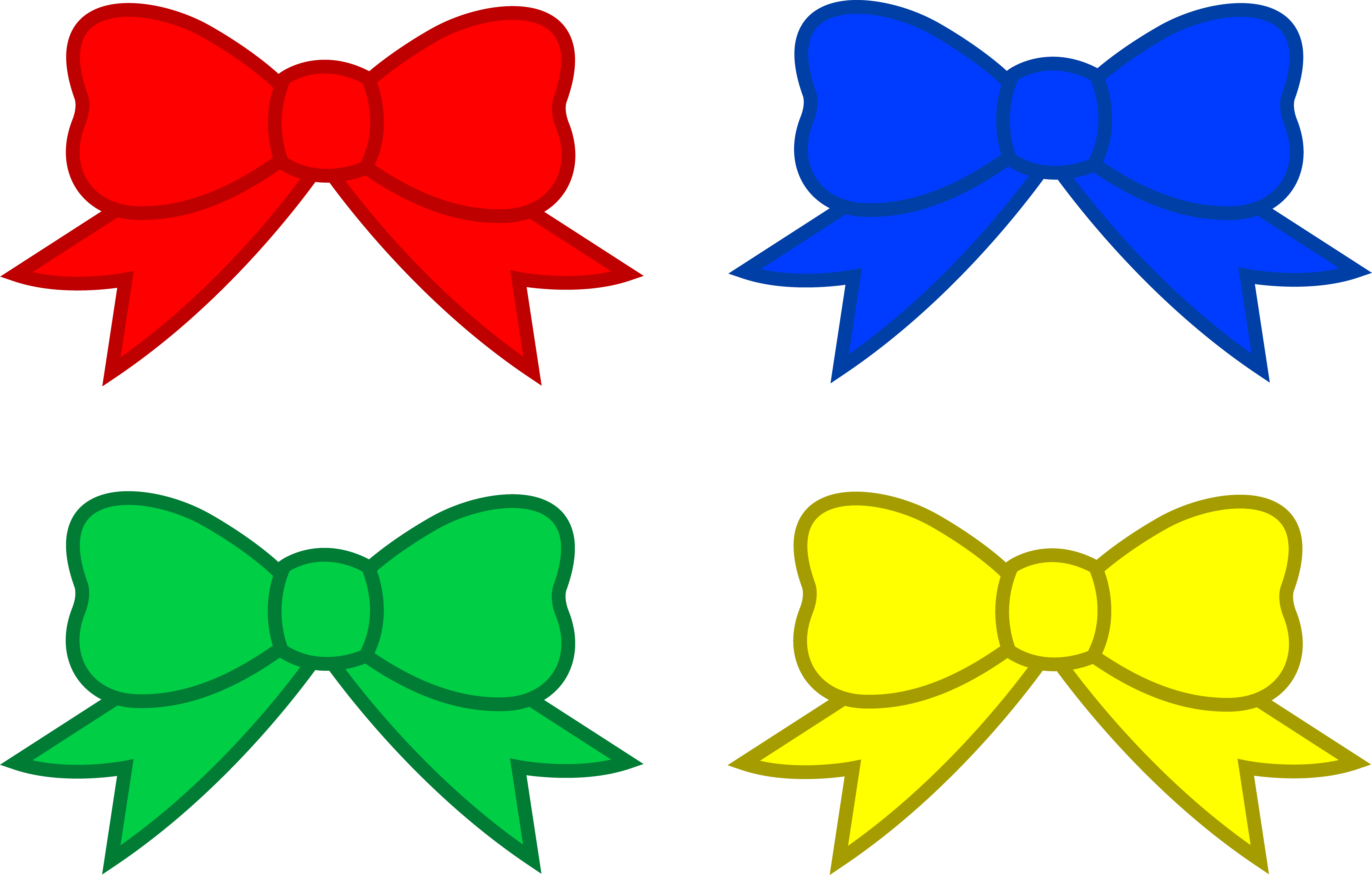 Four colorful decorative bows-red, blue, green, and yellow-arranged in a symmetrical pattern on a black background.
