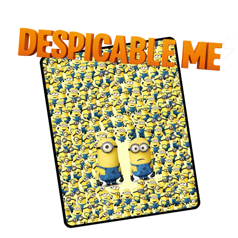 Despicable Me movie poster featuring two Minions surrounded by a crowd of identical Minions, with bold orange title text.